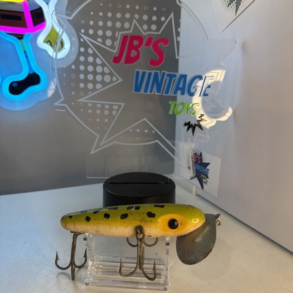 Vtg LARGE Arbogast Jitterbug Musky Frog Fishing Lure, Yellow 5" Long